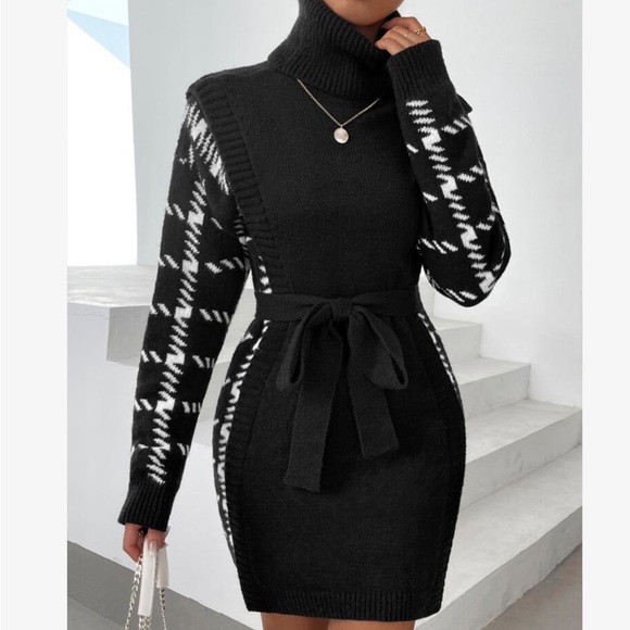Cozy Houndstooth Pattern Turtle Neck Belted Sweater Dress - Picture 4 of 7